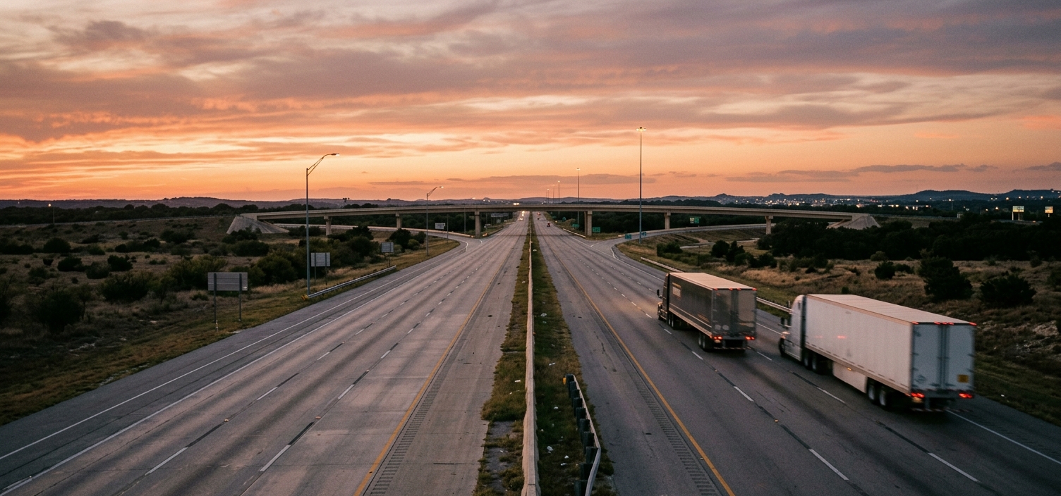 The open I-35 corridor at dusk with trucks on the highway.